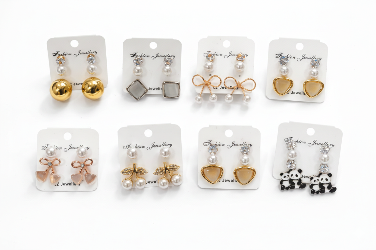 Close-up of 8-Pair Gold and Pearl Earring Set featuring various hoop and stud designs.