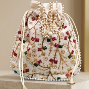 Handcrafted Ivory Silk Embroidered Potli Bag for Women