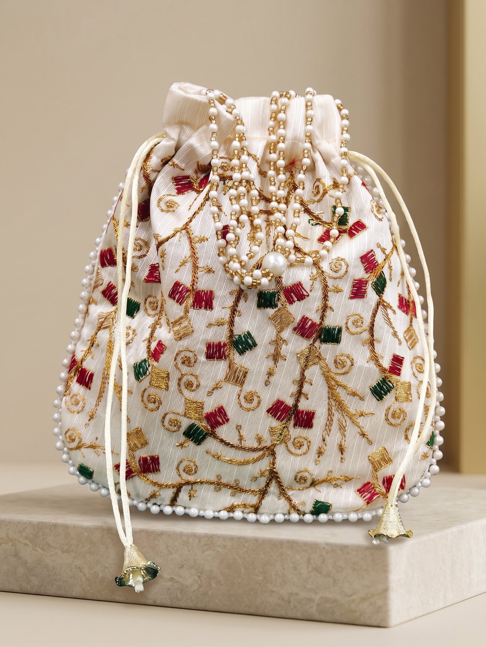 Handcrafted Ivory Silk Embroidered Potli Bag for Women